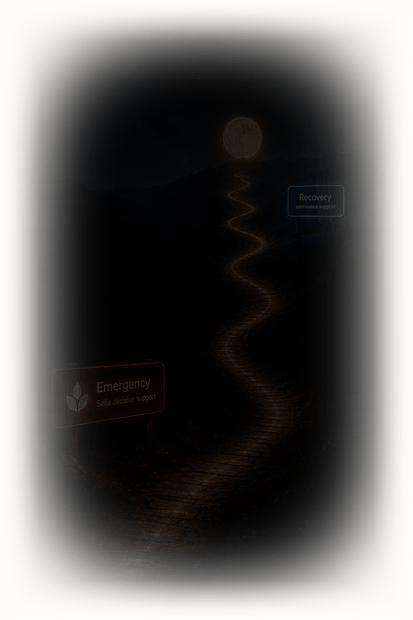 Emergency and Selja decision support illuminate red, followed by the BEACON moon, the path to recovery, and the Recovery continuous support sign.